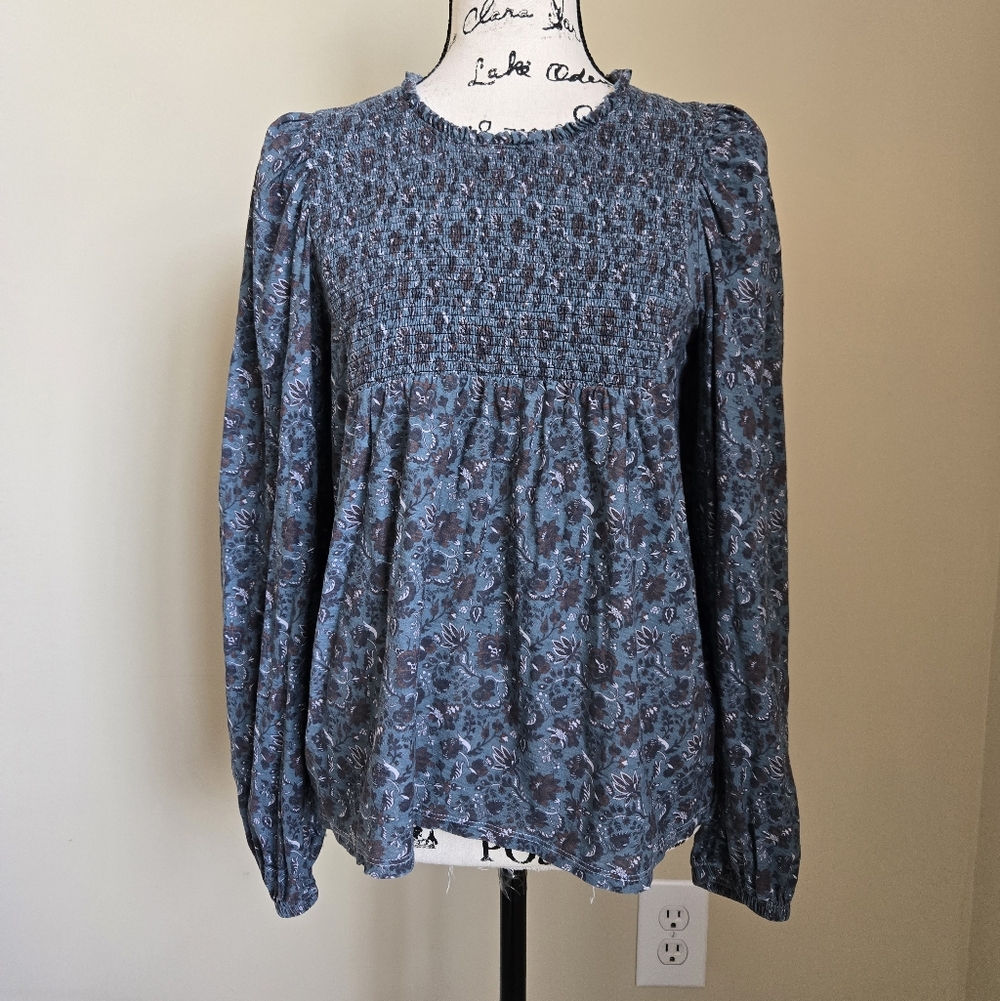 Nation LTD Smocked Top Womens M Blue Lightweight Ruffle Pima Cotton